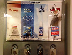From a vending machine in the Toronto airport - only the essentials - pain killer, condoms, breath mints and tattoos