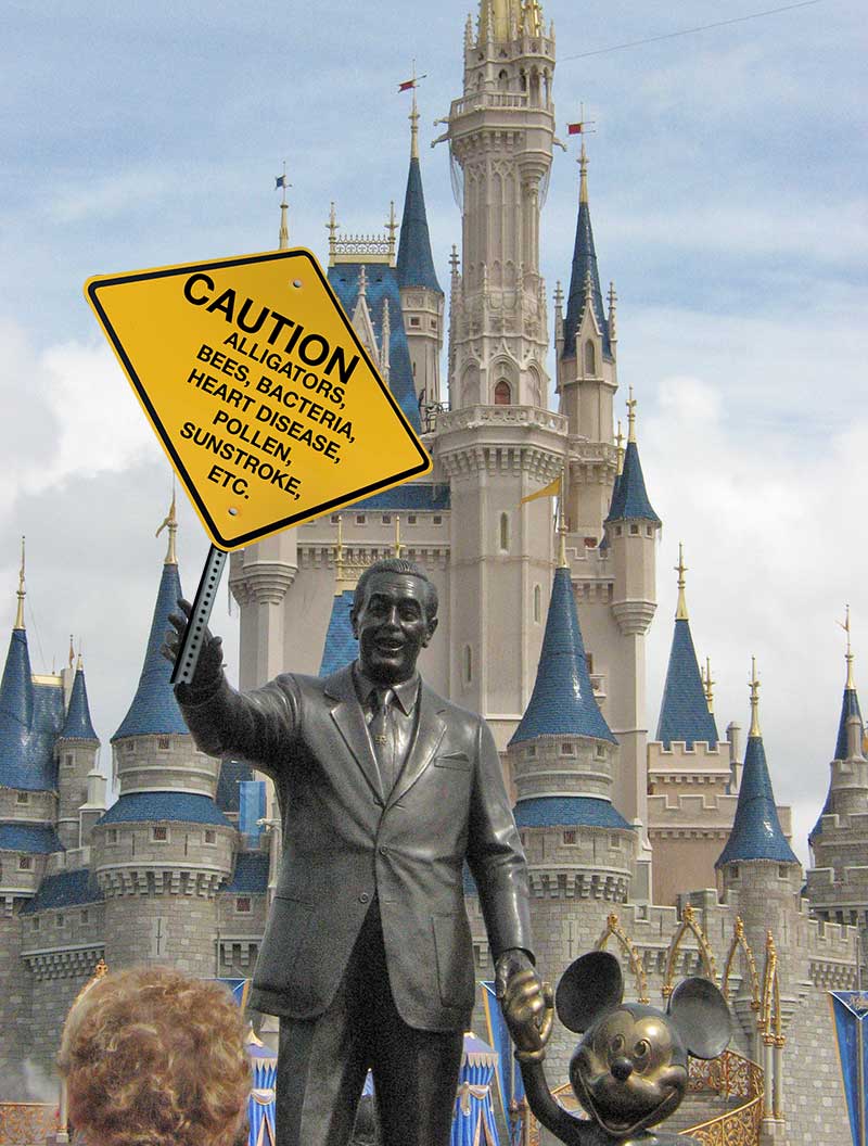 Disney World Caution Sign Alligators, Bees, Bacteria, Heart Disease, Pollen, Sunstroke, Etc. 