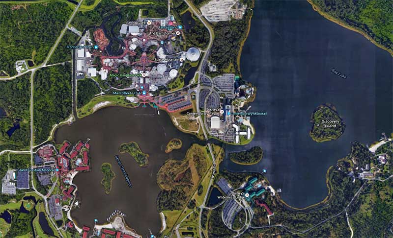 A small subset of Disney World's Waterways surrounding the Magic Kingdom