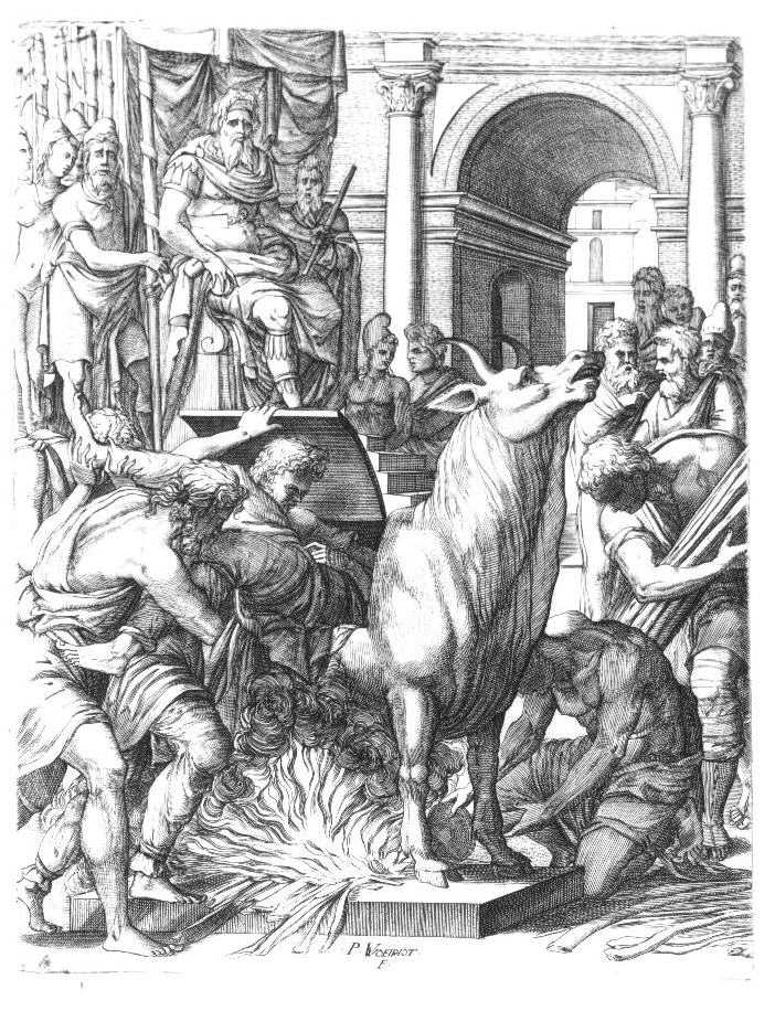 Perillos being forced into the brazen bull that he built for Phalaris.