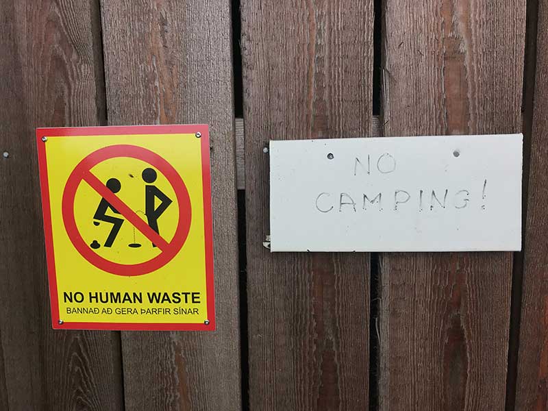 SSteinahellir cave sign Iceland, no camping , no human waste