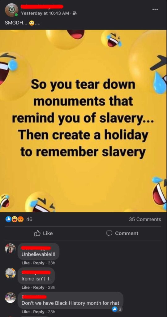 So you tear down monuments that remind you of slavery... Then create a holiday to remember slavery meme. 