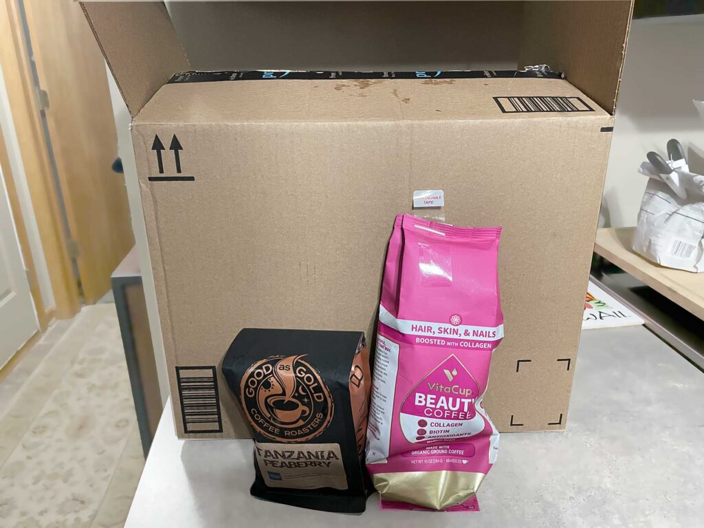 Amazon coffee packed in large cardboard box. 