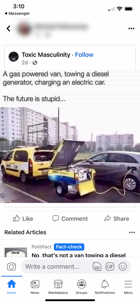 A gas powered vabm towing a diesel generator, charging an electric car. The future is stupid...