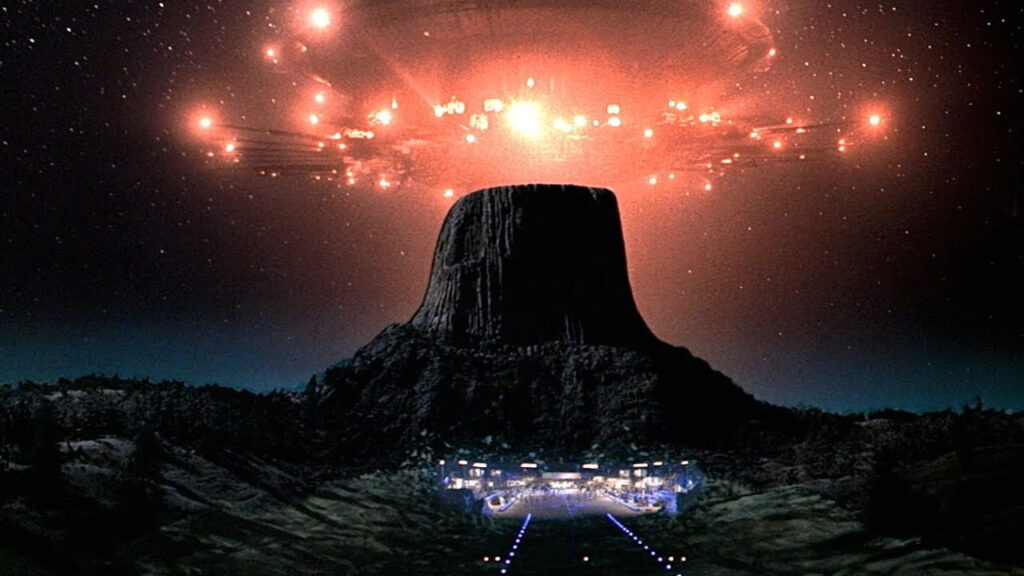 Close Encounters of the Third Kind Mothership flying over Devil's Tower.