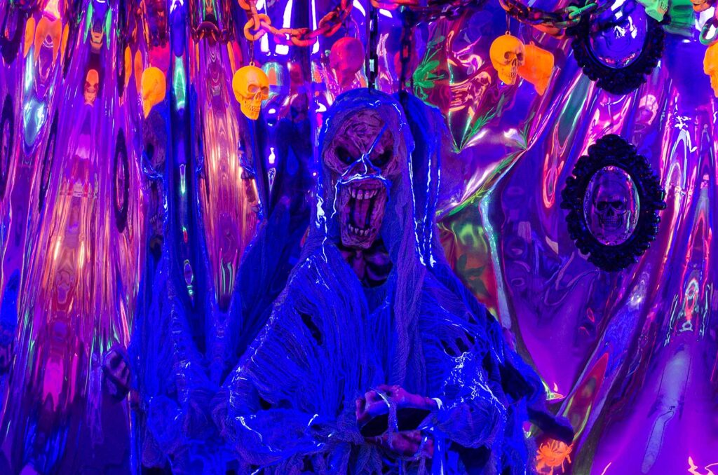 Ghoul reflected in mylar from CarnEvil party, 2024