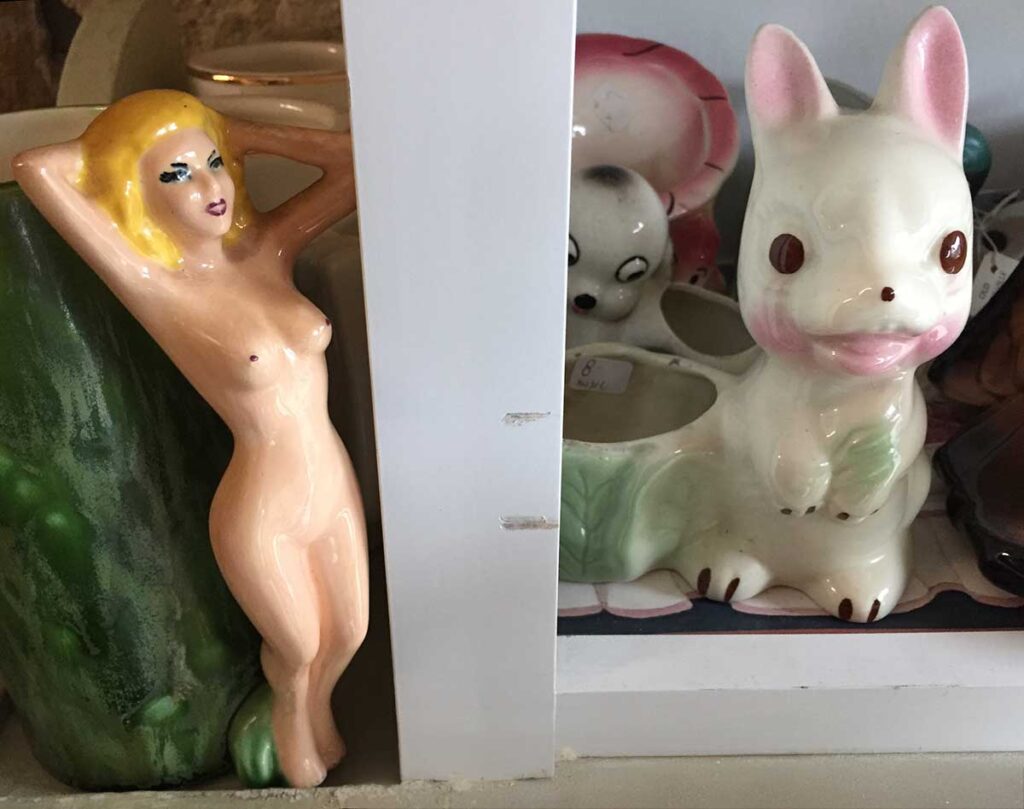 Ceramic nude woman, ceramic rabbit and dog. June 27, 2015.