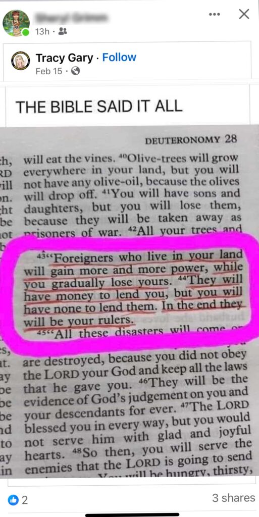THE BIBLE SAID IT ALL'.  and then the post includes a snapshot of a quote from one of the many bibles. The quote is red-underlined and then further highlighted with a great purple border that was added digitally. 

The quote is from Deuteronomy 28:43 and reads:

“Foreigners who live in your land will gain more and more power, while you gradually lose yours. They will have money to lend you, but you will have none to lend them. In the end they will be your rulers."