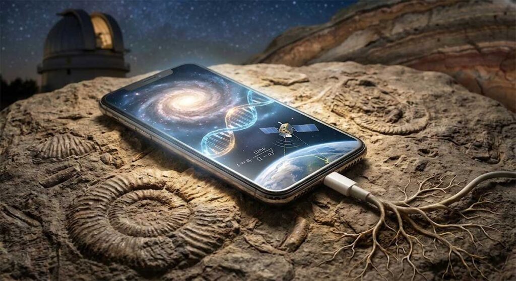 Conceptual photograph showing a modern smartphone resting on ancient, fossil-embedded rock. The phone's screen displays a swirling galaxy, a DNA helix, and a satellite showing a time dilation equation ($t = t_0 / \sqrt{1-v^2/c^2}$). Its charging cable transforms into roots delving into the fossilized stone. In the background, an astronomical observatory stands under a starry night sky. The image symbolizes the connection between modern technology, scientific understanding of the cosmos, and the deep time of Earth's history, visually representing the blog post's argument about the performative contradiction of denying an ancient universe while using technology that proves it.