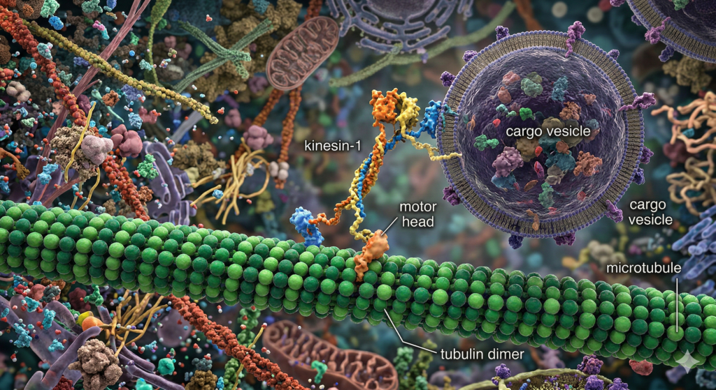 "An AI-generated, high-detail molecular visualization of a kinesin-1 motor protein walking along a microtubule track inside a cell. The image features a two-legged protein (kinesin) with orange and blue motor heads in a 'stepping' pose on a green, beaded tubulin highway. It is hauling a large, spherical purple cargo vesicle filled with colorful cellular materials. The background is a dense, bustling environment of other proteins and organelles, labeled with technical terms like 'microtubule,' 'tubulin dimer,' and 'cargo vesicle' to illustrate the microscopic industry of the human body."