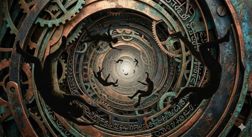 An AI-generated surrealist illustration of a deep, descending mechanical vortex made of aged, verdigris-covered copper gears and rings. The concentric layers are etched with esoteric symbols. Multiple human figures in tattered clothing are depicted in freefall, tumbling down the center of the abyss toward a bright light source at the bottom.