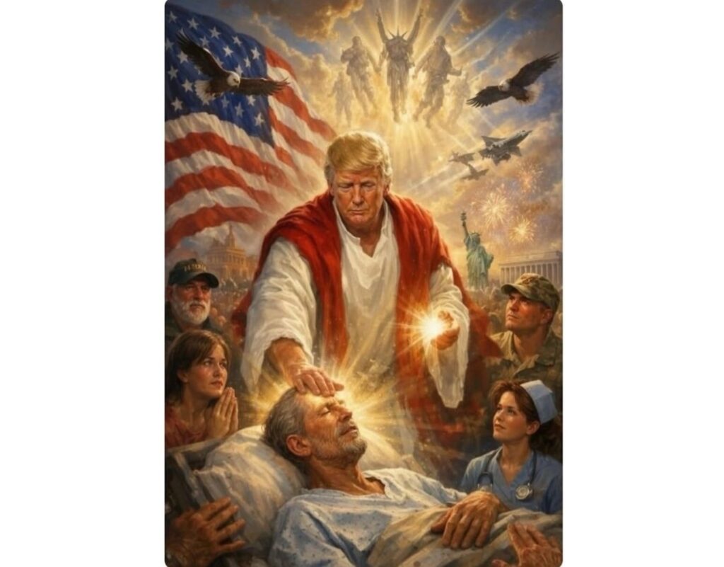 April 13, 2026 A screenshot of a post on President Trump’s Truth Social account. The image in the post, likely created with artificial intelligence, shows the president as a Jesus-like figure apparently healing a man.