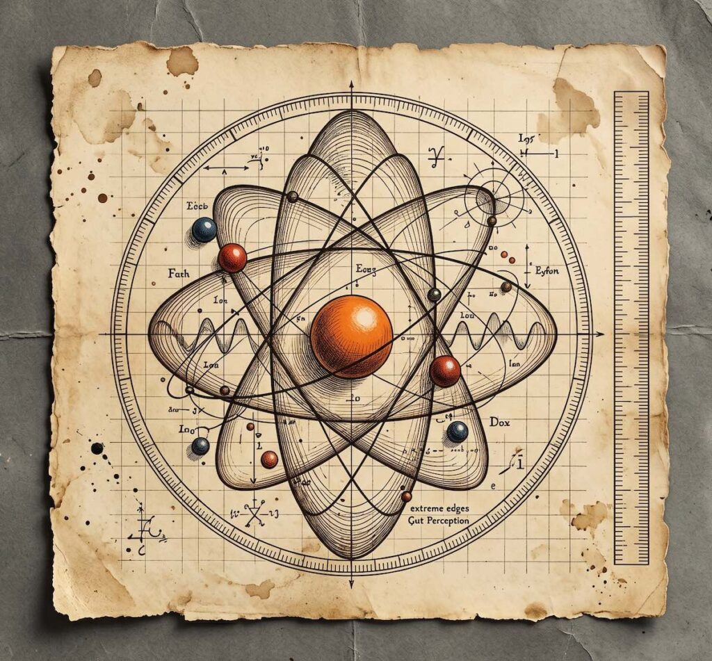 AI generated: An old style scientific manuscript illustration of an atom on stained, torn parchment, set against a dark grey background. The diagram features a prominent orange-red central nucleus surrounded by overlapping elliptical particle orbits drawn in fine black ink lines, accented by small blue and red subatomic particles. The sketch includes subtle watercolor ink washes in yellow and brown, geometric grid lines, a vertical scale rule, and faint pseudo-scientific symbols, completely free of modern text or human figures.